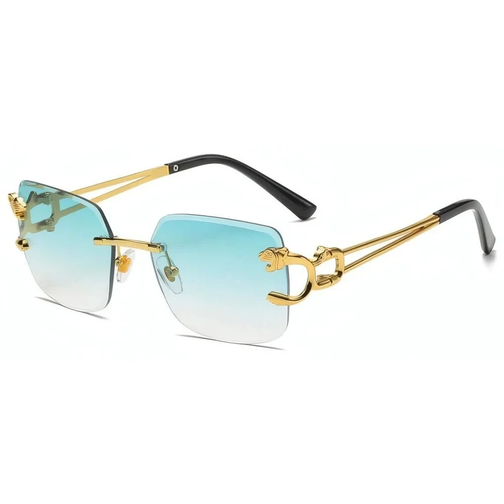 Luxury Look Rich Rimless Diamond Cut Green Lens Hip Hop Style Gold Eye Glasses